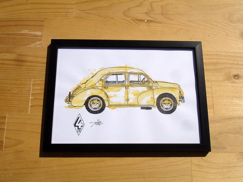 Renault 4cv croquis encre acrylique dessin encadré LesAnciennes.com