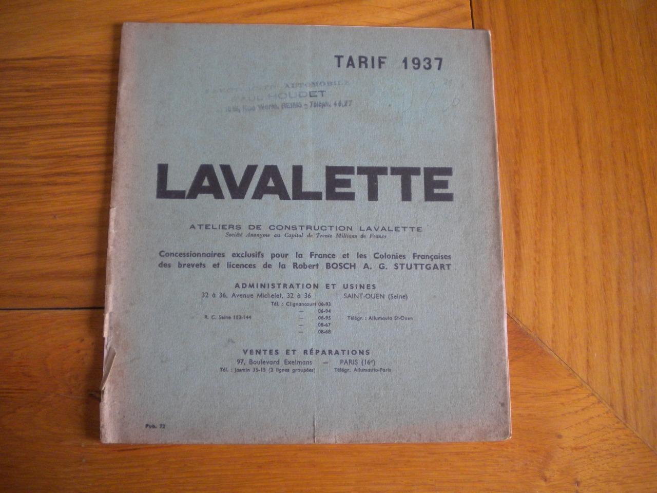 Lavalette Bosch tarifs 1937 voiture LesAnciennes.com