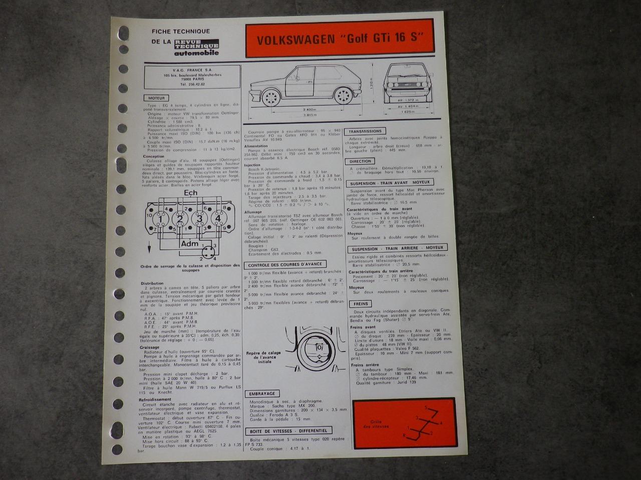 FICHE TECHNIQUE VOLKSWAGEN GOLF GTI 16S LesAnciennes.com