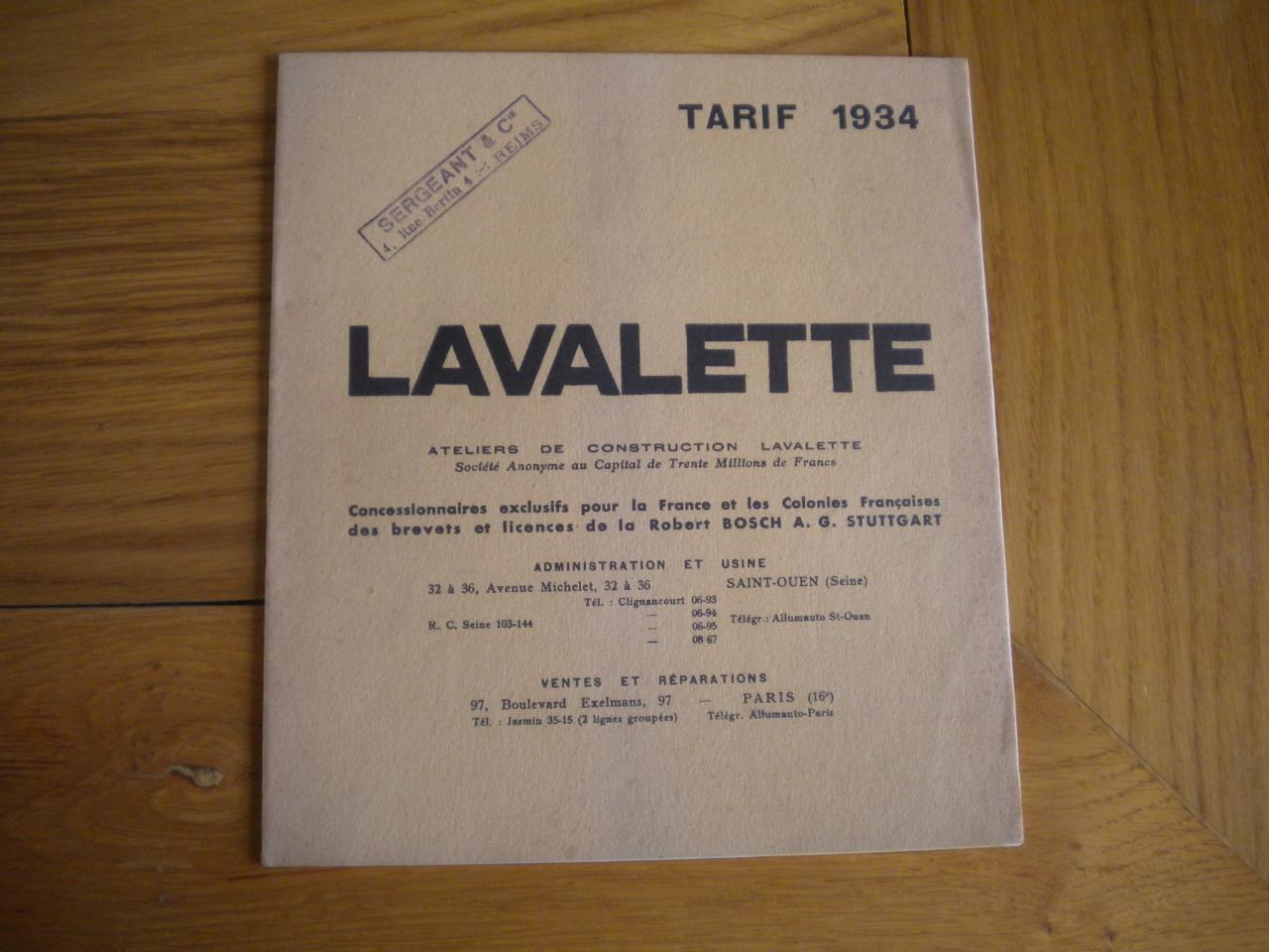 Tarifs 1934 Lavalette Bosch voitures rétro LesAnciennes.com
