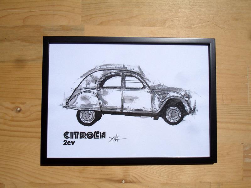 Citroën 2cv croquis encre acrylique dessin LesAnciennes.com